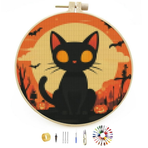 Happy Halloween Black Cat DIY Stamped Cross Stitch Kits Easy for Beginners with Hoop 11CT Counted Embroidery Needlepoint Crafts Arts for Handmade Enthusiasts and Home Decor 30x30cm(1)