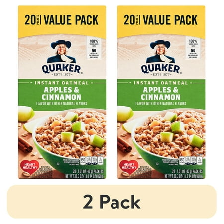 (2 pack) Quaker, Instant Oatmeal, Apple & Cinnamon, 1.51 oz, 20 Packets