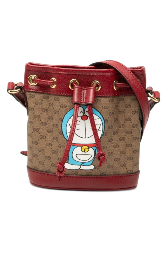 Pre-Owned Gucci x Doraemon Mini GG Supreme Bucket Bag Shoulder 647801 Brown Red Leather Women's...