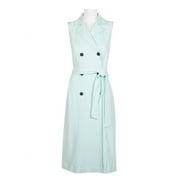 Ellen Tracy Notched Collar Tie Waist Solid Trench Linen Dress-CELADON / 4