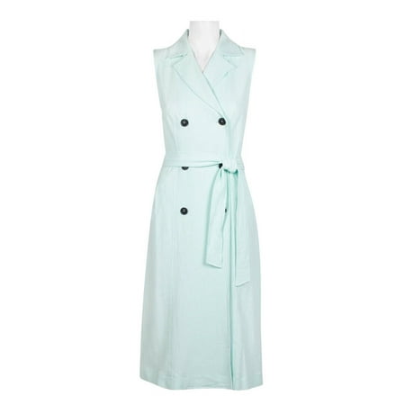 Ellen Tracy Notched Collar Tie Waist Solid Trench Linen Dress-CELADON / 2