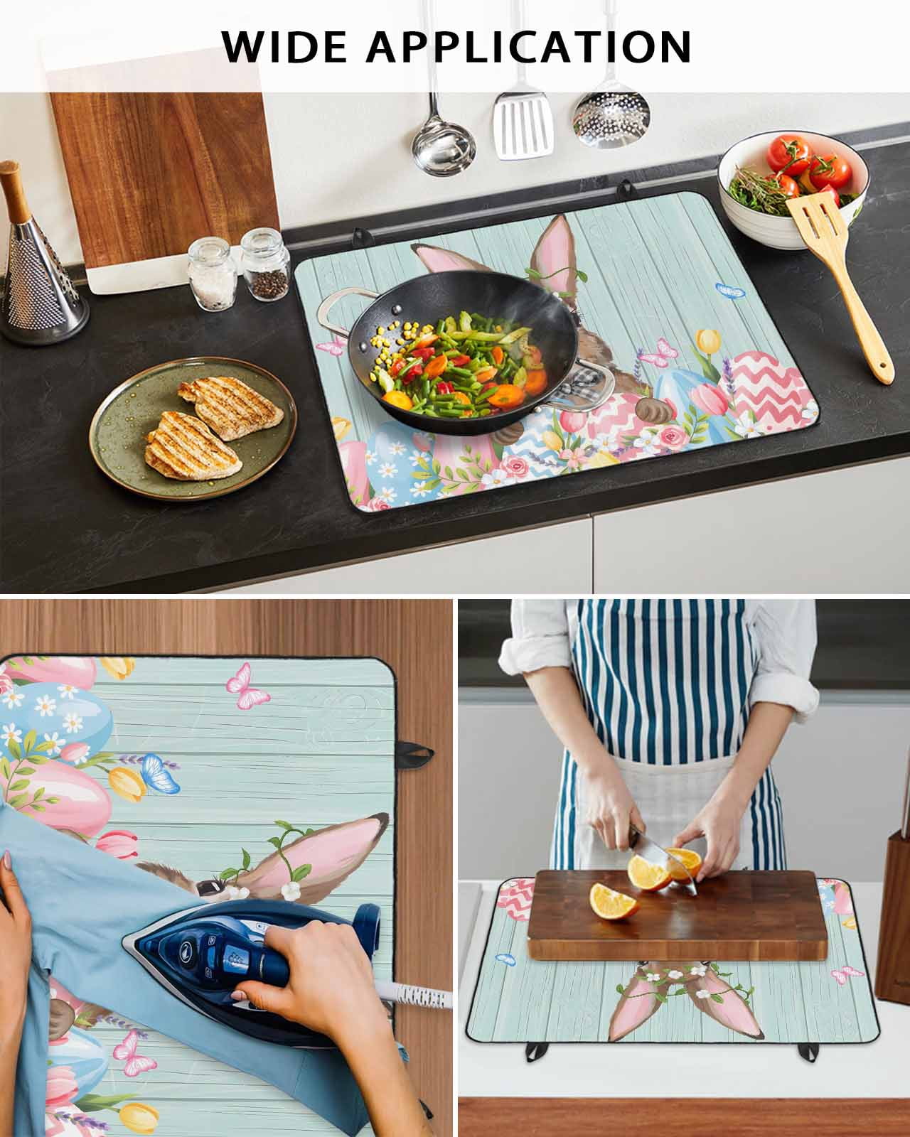 Large Induction Cooktop Protector Mat Bunny Easter Stove Top Covers for Electric Stove, Pink Blue Eggs Tulips Floral Rabbit Wooden Decorative Stove Burner Cover Mats, Glass Top Stove Cover