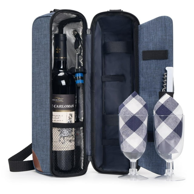 Bolsa para Vino Aislada ALLCAMP con Copas de Vino y Sacacorchos Azul