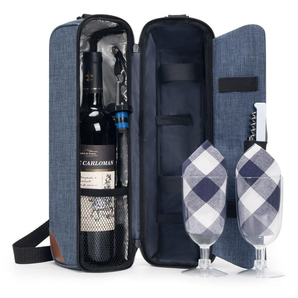 Bolsa para Vino Aislada ALLCAMP con Copas de Vino y Sacacorchos Azul