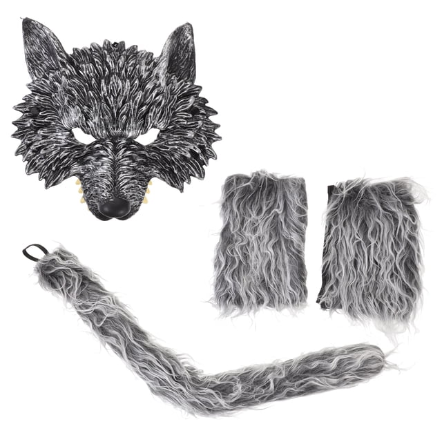 1 Juego de disfraz de lobo, máscara de Animal, guantes, cola para puesta en escena