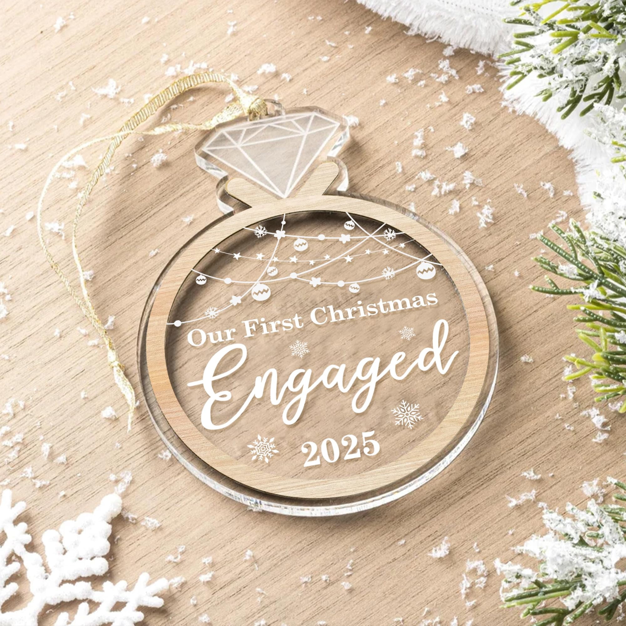 Engaged Ornament 2025 – Engagement Ring Acrylic Christmas Ornament, Elegant Keepsake Gift for Engaged Couples, Holiday Tree Decoration, Romantic Engagement Celebration Decor