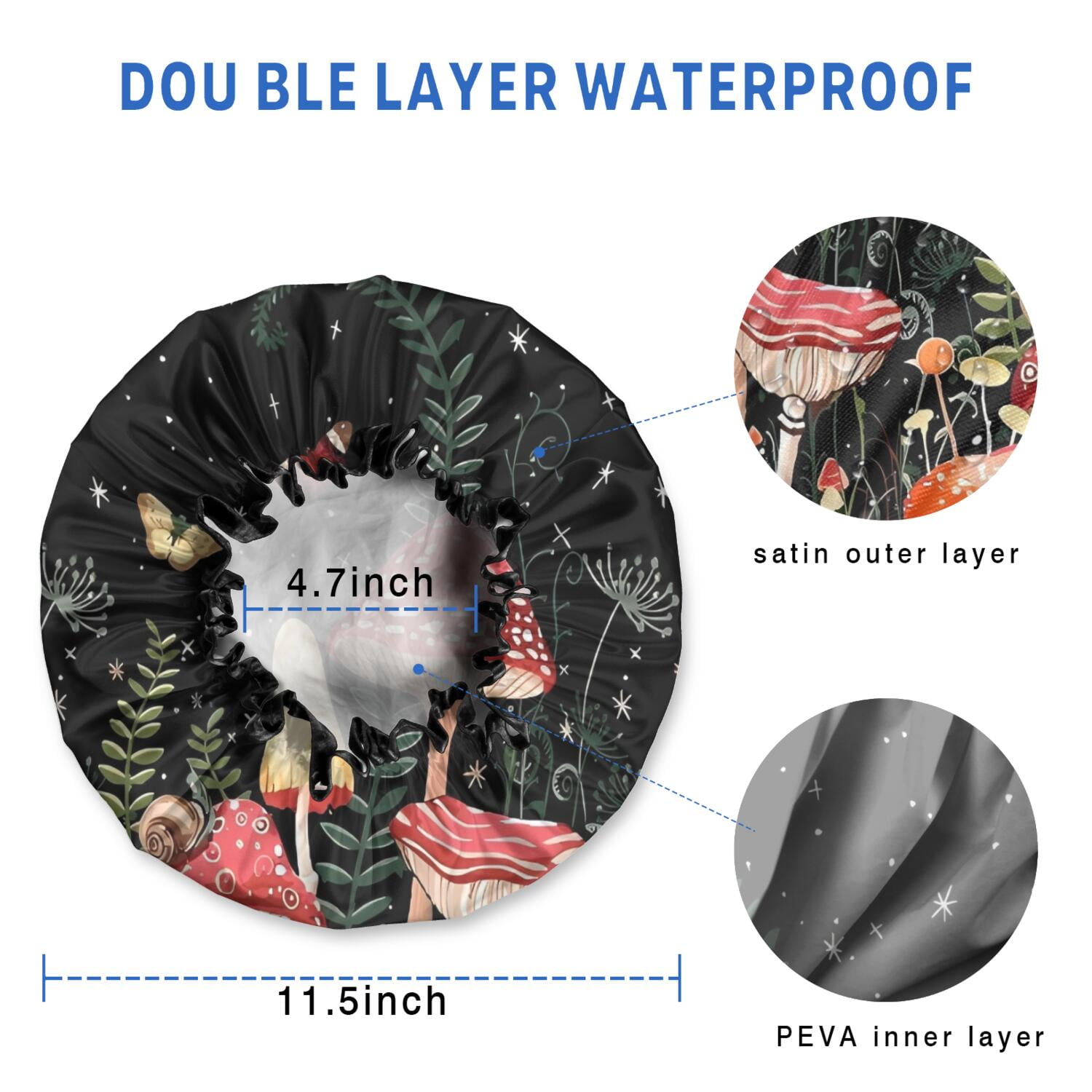 Shower Caps,Red Mushroom Butterfly Black Pattern Waterproof Shower Cap for Women 4 Pieces,Double Reusable Hair Cover for Shower PEVA Elastic Stretch Hem