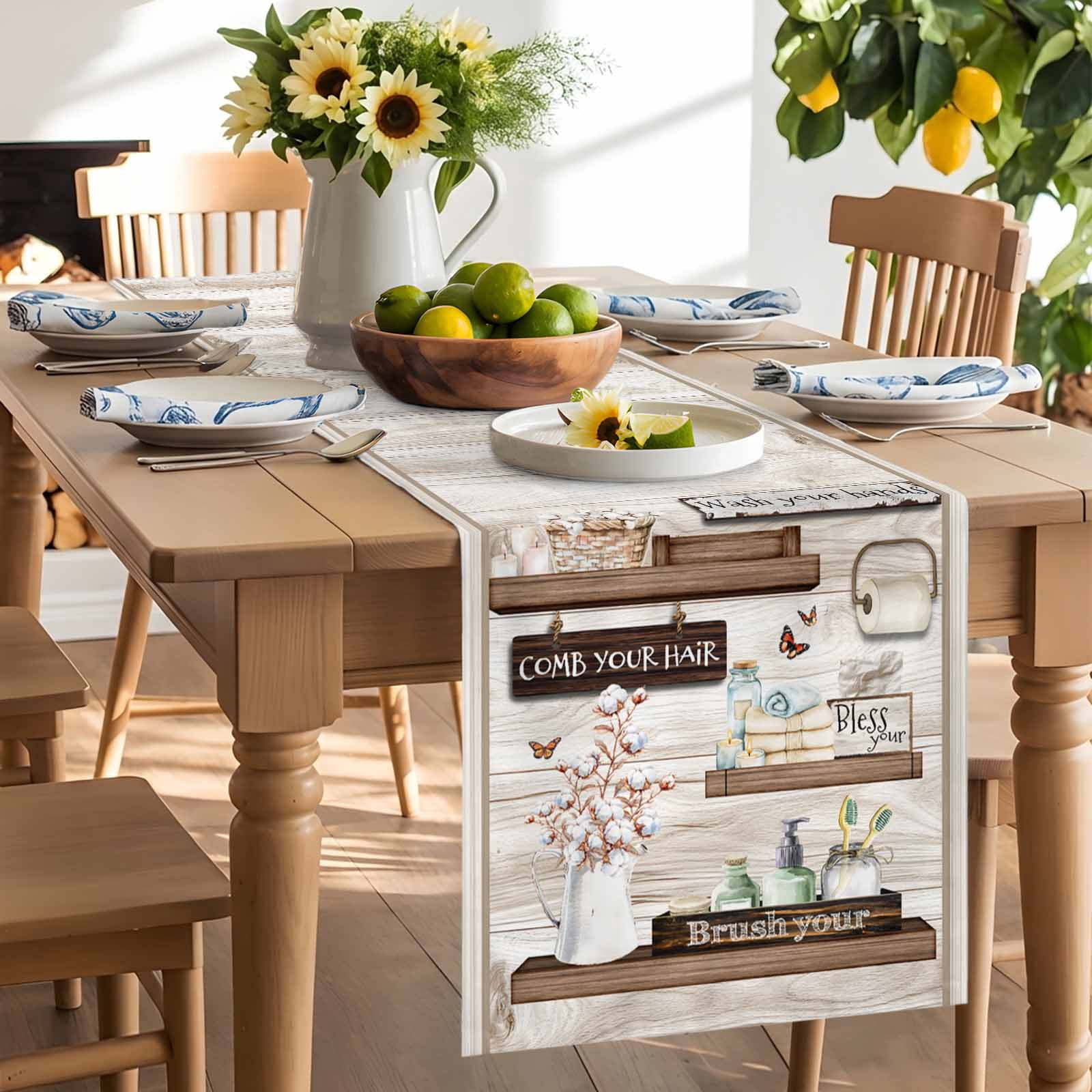Rustic Flower Wood Butterfly Bottle Table Runner 90 Inches Long, Bathroom Text Theme Table Runners Tabletop Scarf Kitchen Dining Tables Decoration for Home Party Indoor Outdoor