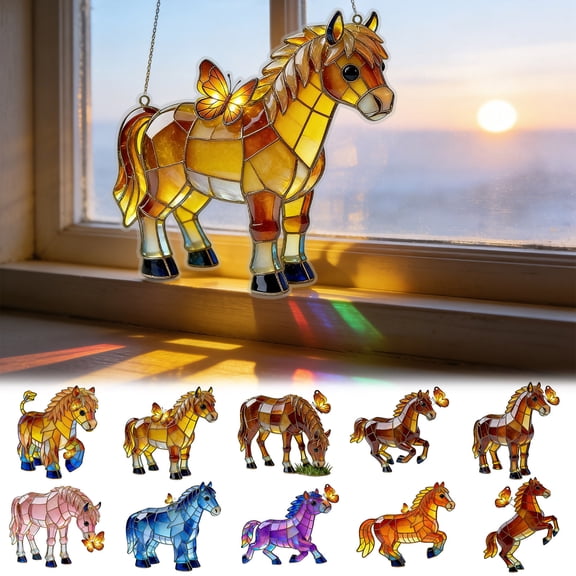 LiUMX 2D Acrylic Horse Suncatcher with Chain, 20cm Stained Glass Style Light Filtering Ornament for Window, Indoor & Outdoor Decoration