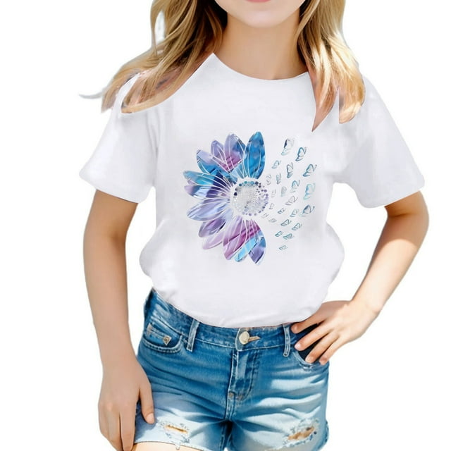 Sunnyoo T-Shirt à Manches Courtes pour Grandes Filles avec Imprimé Floral pour Enfants