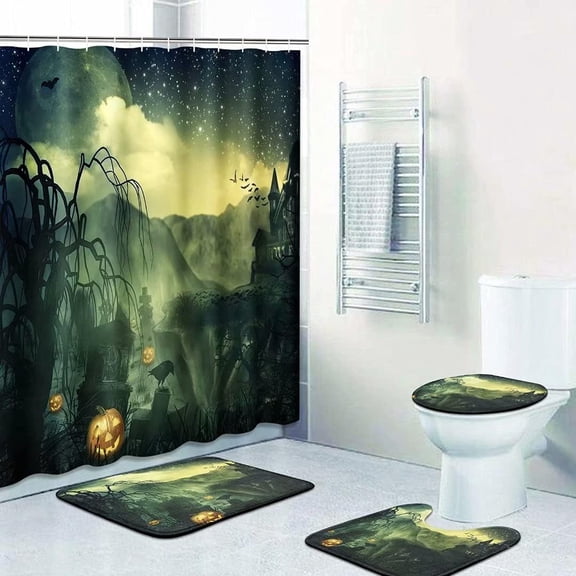 4 PCS Halloween Bathroom Decorations Set Toilet Seat Cover Rug Shower Curtain Sets Monsters Ghost Pumkin Bats Dark Scared Bathroom Decor