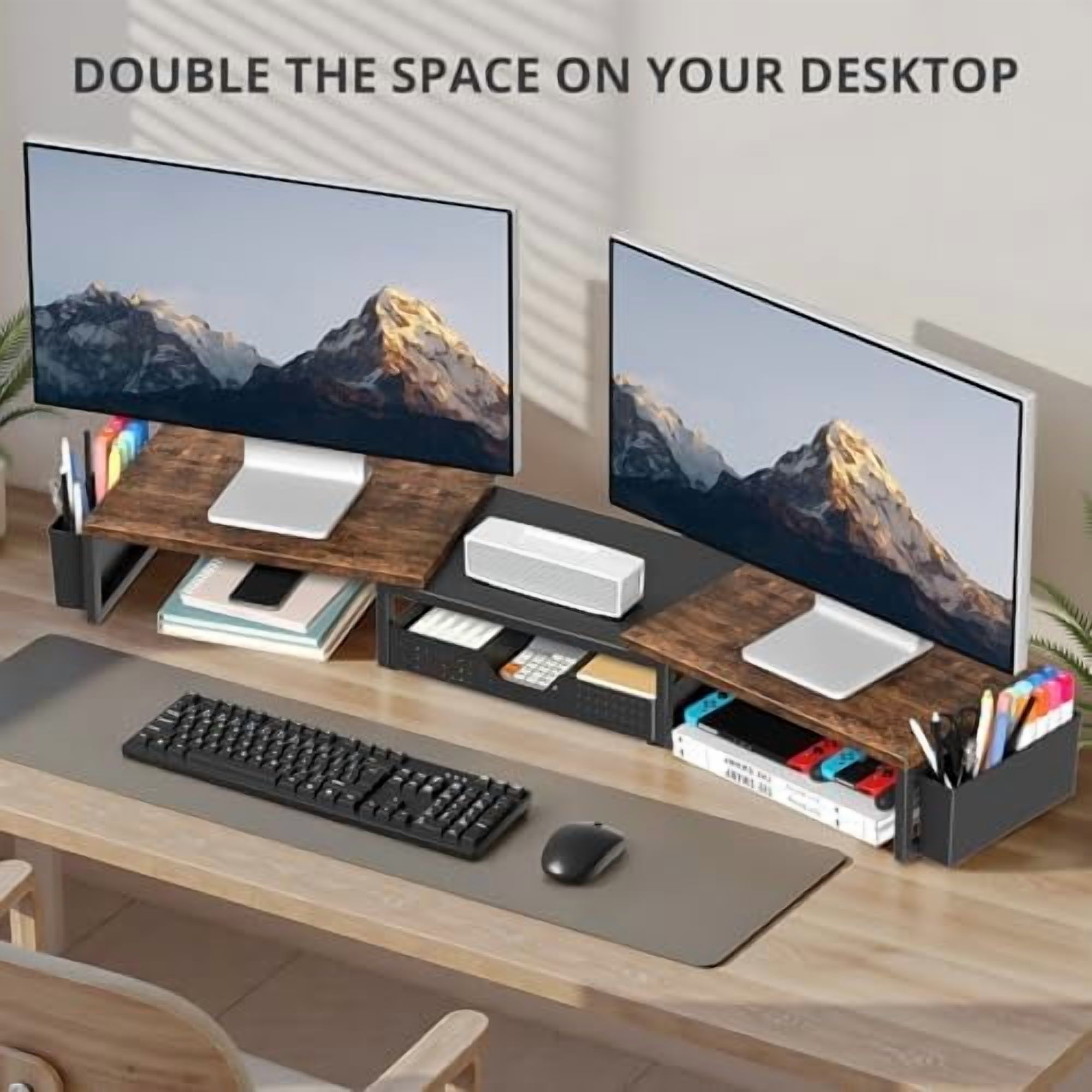 Wood Desk Organizers and Accessories, Dual Monitor Stand Riser with Drawer and 2 Pen Holders, Desk Shelf Computer Racks for Office Workspace Organizers, Desktop Organization (Rustic Brown)