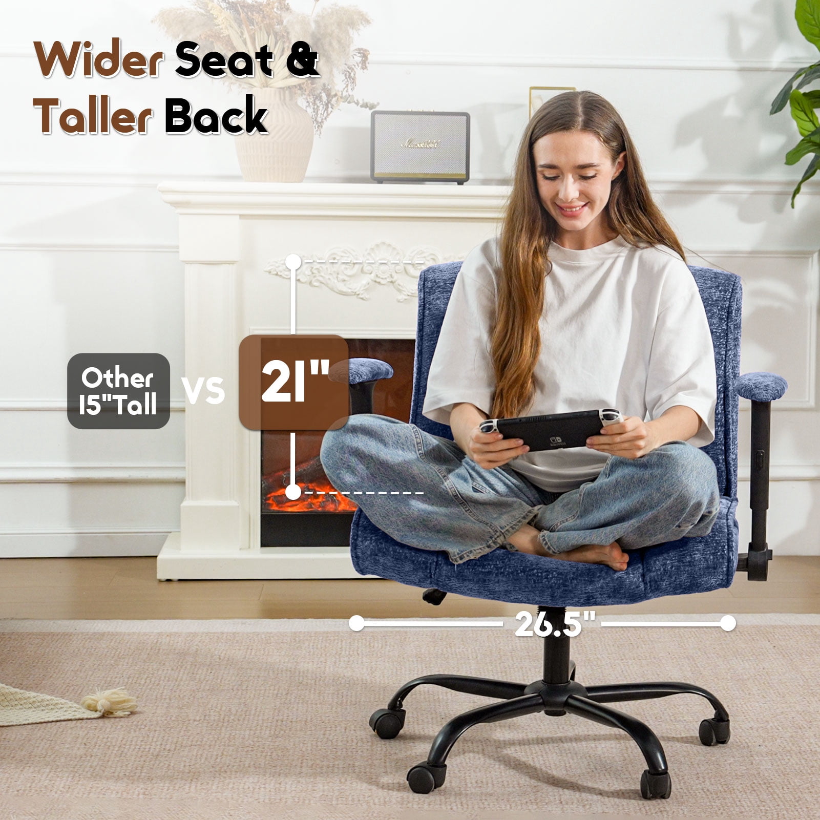 zzw Chenille Home Office Criss Cross Chair with Flip Arms, Lumbar Support and Wheels, Blue