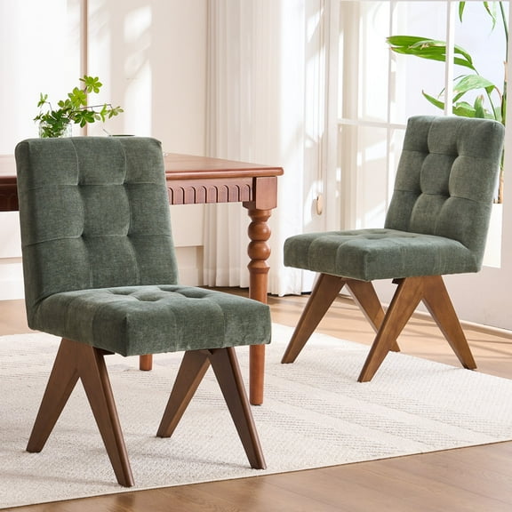 Kidol & Shellder Modern Upholstered Dining Chairs Set of 2 Tufted Armless Kitchen Chairs with Linen Fabric & Wooden Legs,Green