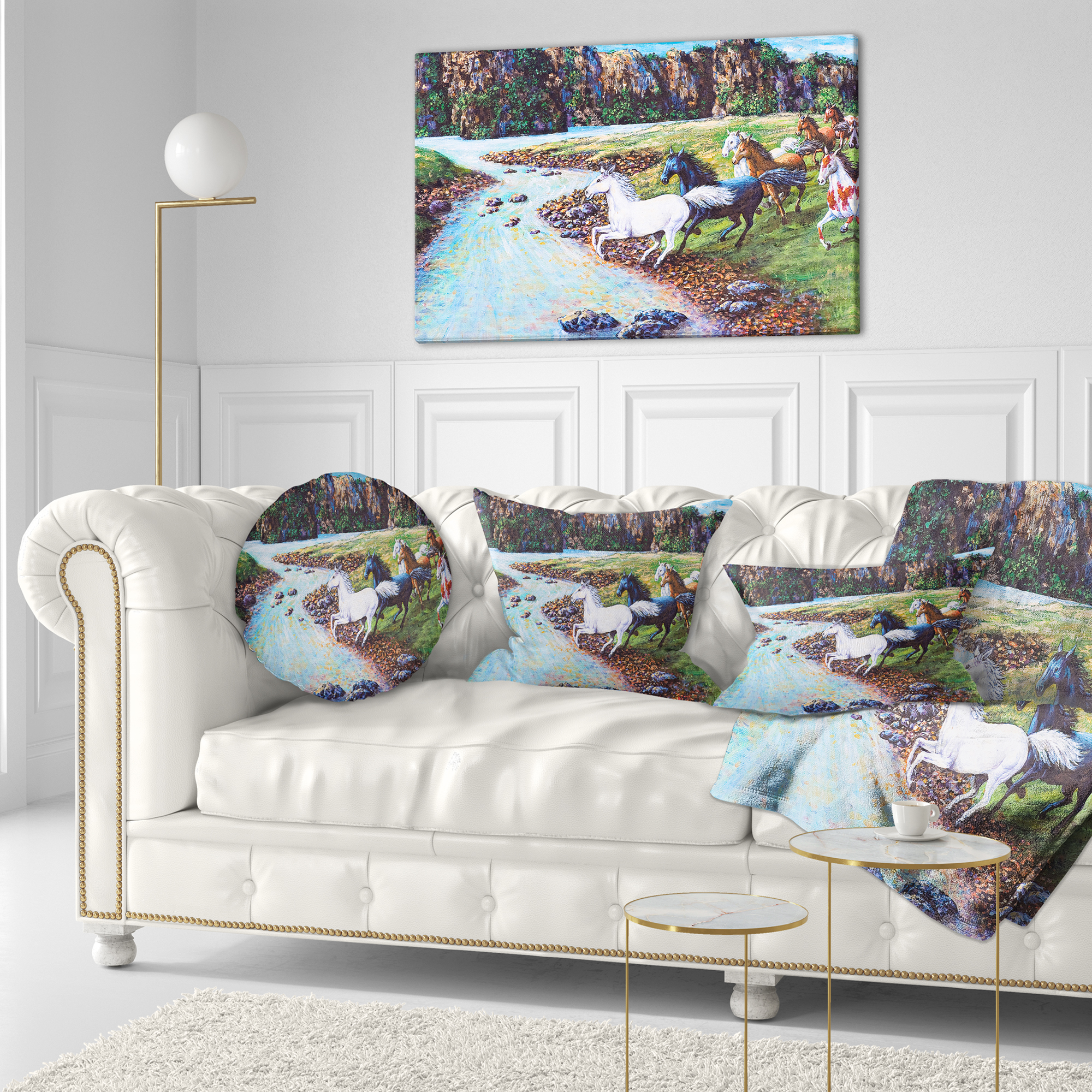 Designart Horses Crossing the Stream - Landscape Painting Throw Pillow - 12x20