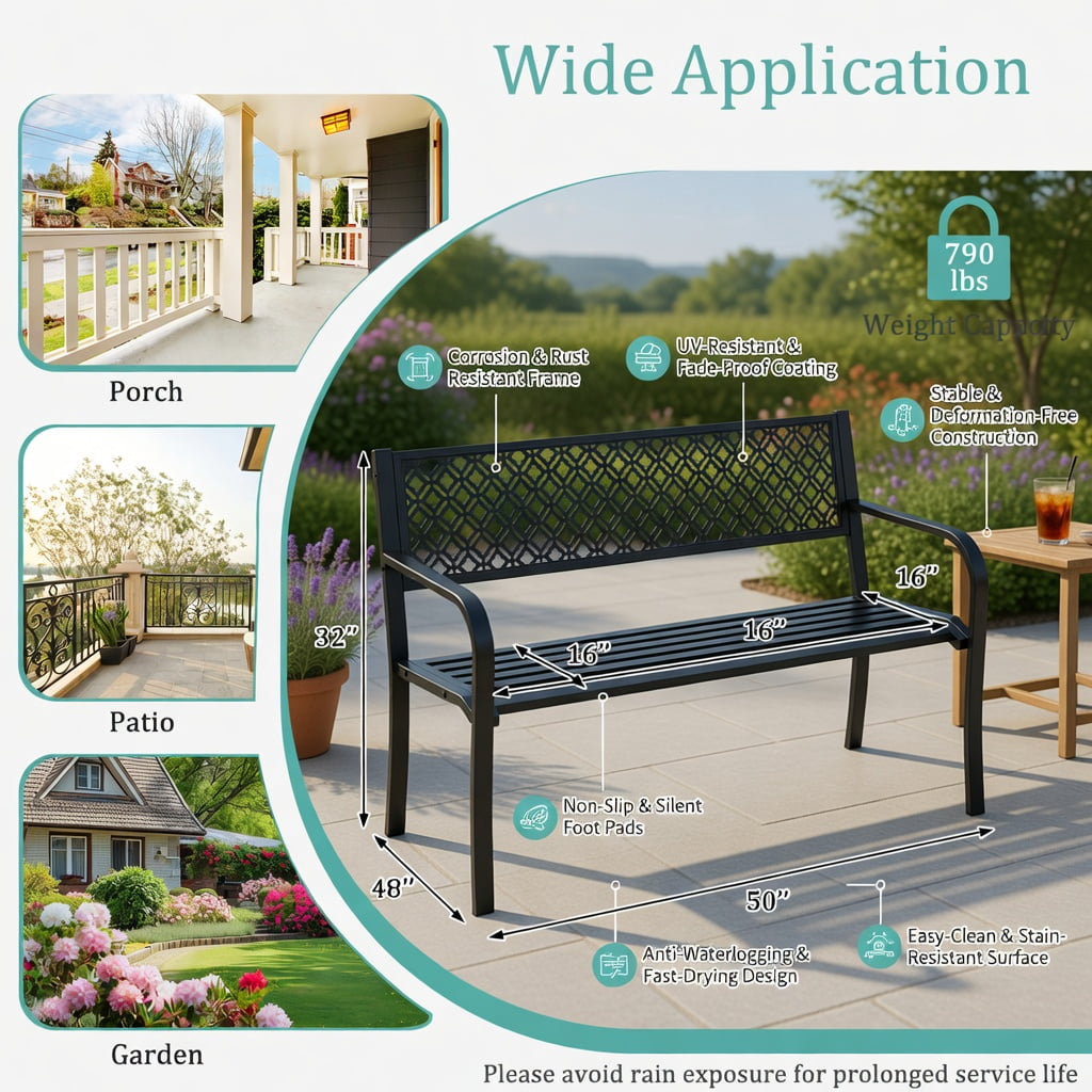 Hommoo 50" Modern Metal Garden Bench with Geometric Lattice Backrest, Slatted Seat & Anti-Slip Feet, Outdoor Patio Bench for Porch, Backyard, and Deck, Black
