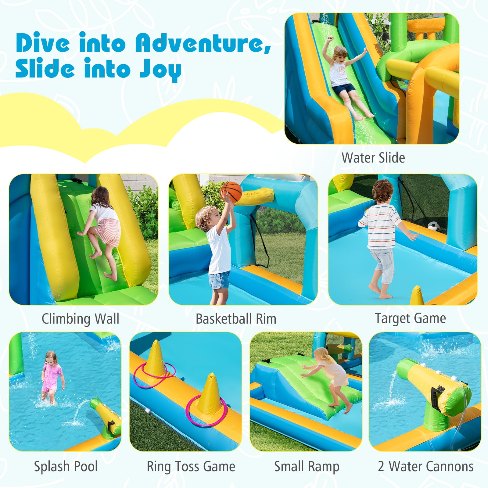 Costway Inflatable Water Park with Climbing Wall Basketball Rim Target Game Without Blower