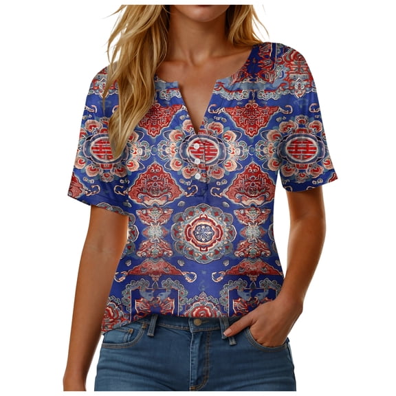 GEWSEY Womens Summer Tops Dressy Casual Button Notch V Neck T Shirts Short Sleeve Cotton Tee Blouse Tunic Petite Tshirt 2026 (Dark Blue, XXL)