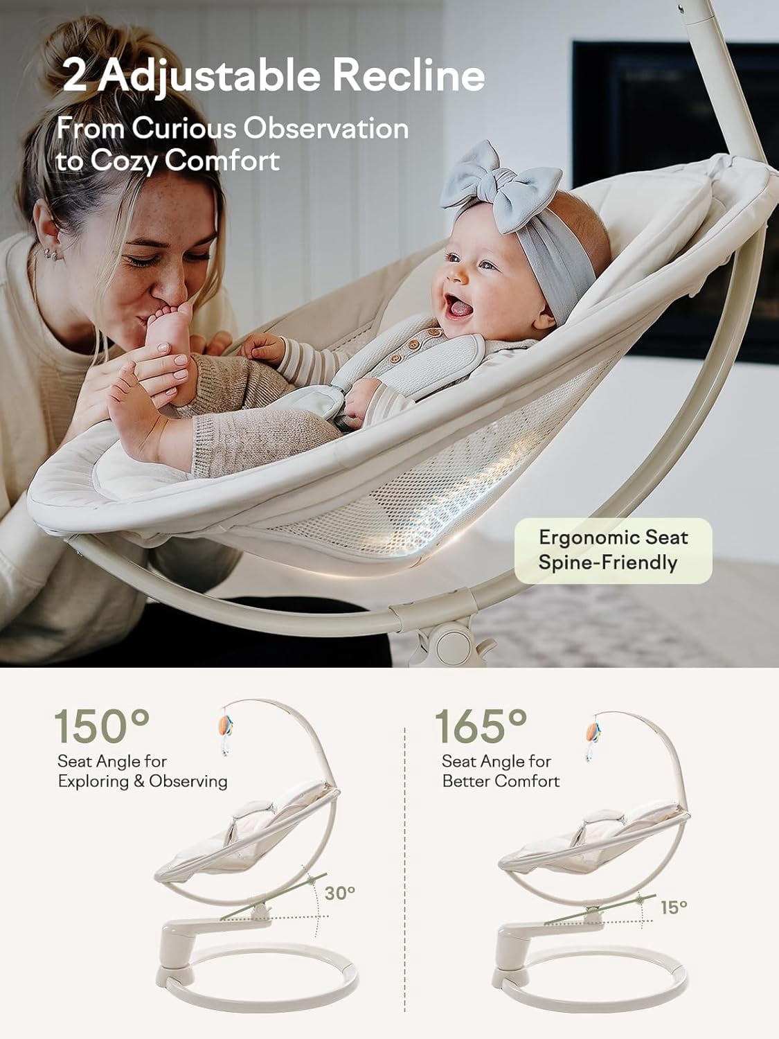 Grownsy Baby Play Swing, Smart Portable High View Swing with Music, Lightweight Foldable 360° Rotating Entertainment Chair Classic Oat - Only For Awake Babies Under Adult Supervision