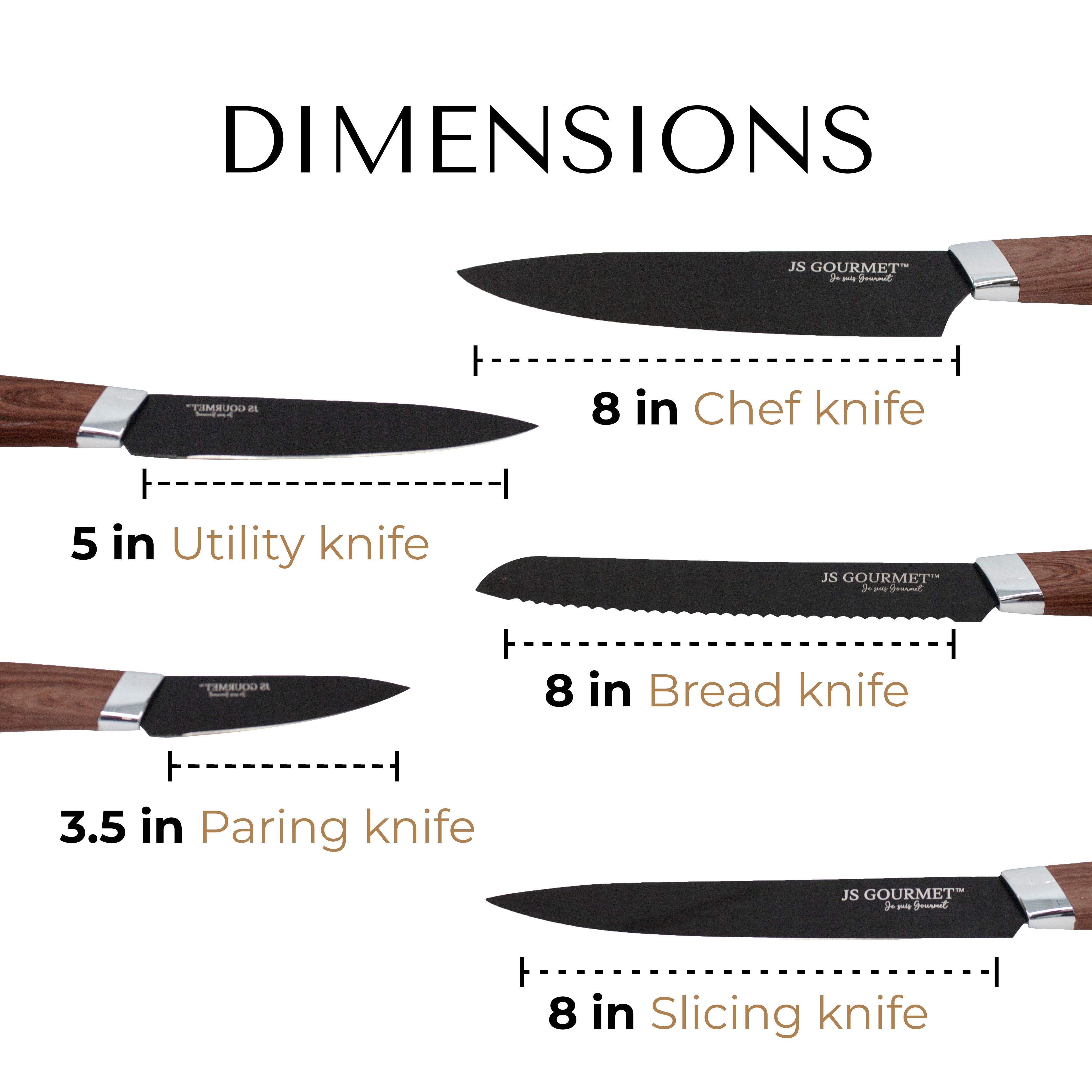 JS Gourmet 5 Piece Stainless Steel Black Knife Set with Storage Block for Kitchen