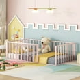thumbnail image 2 of Twin Size Floor Bed for Kids, Montessori Floor Bed with Fence Rails and Door, Metal Playhouse Bed Frame for Boys & Girls, Pink, 2 of 9