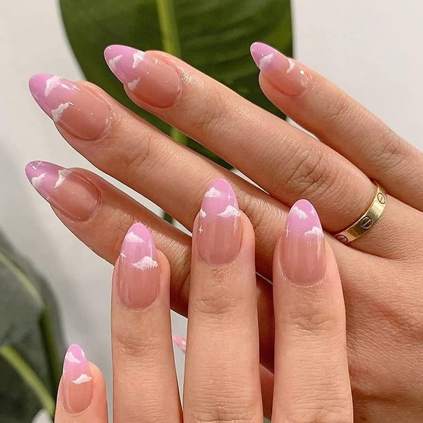 24 uñas Stiletto Press On, uñas postizas medianas de nubes, uñas postizas lindas de almendra brillante, uñas acrílicas artificiales de cubierta completa para mujeres y niñas.nota:n