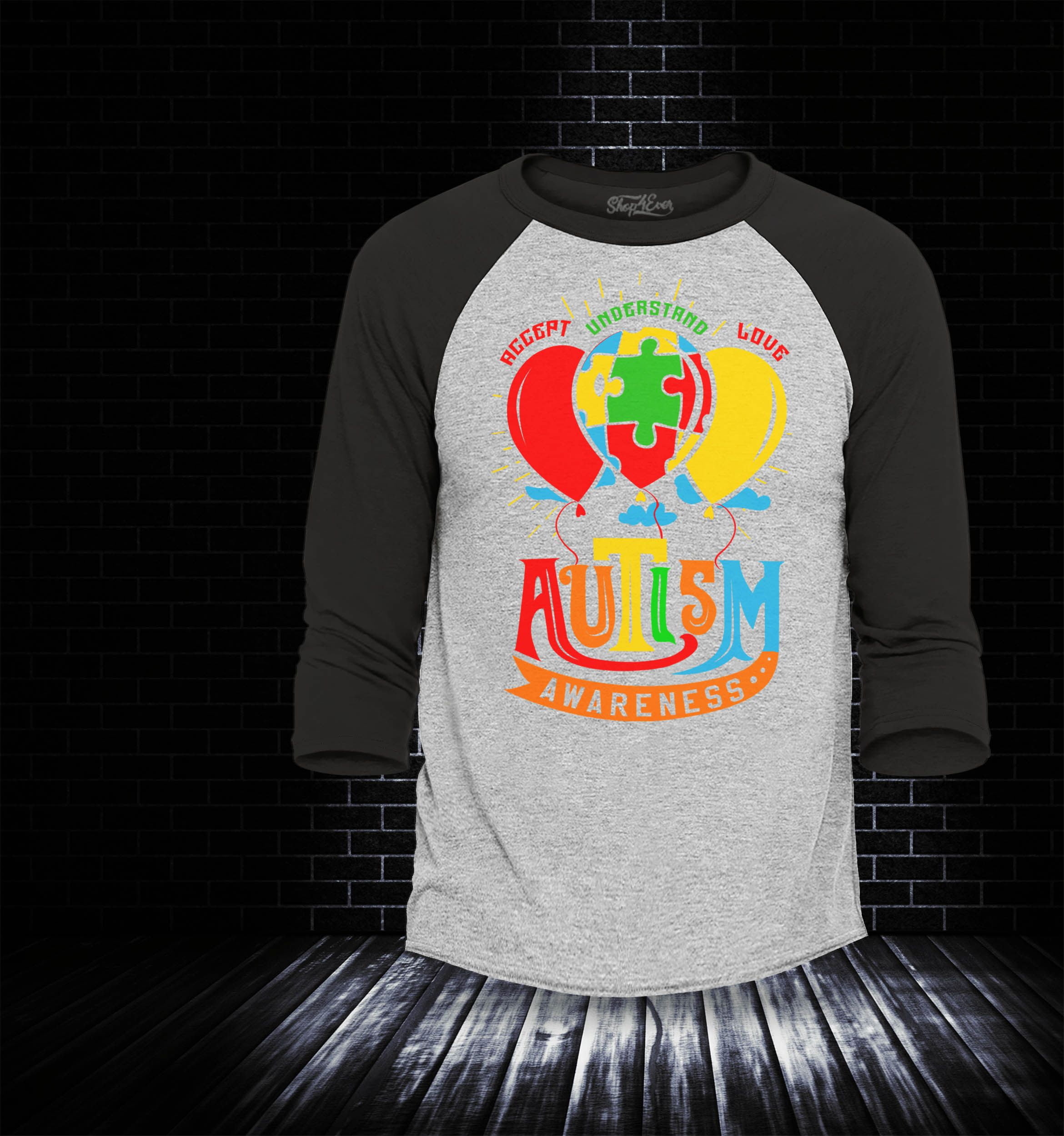 Shop4Ever Men's Accept Understand Love Autism Awareness Balloons Raglan Baseball Shirt Medium Heather Grey/Black