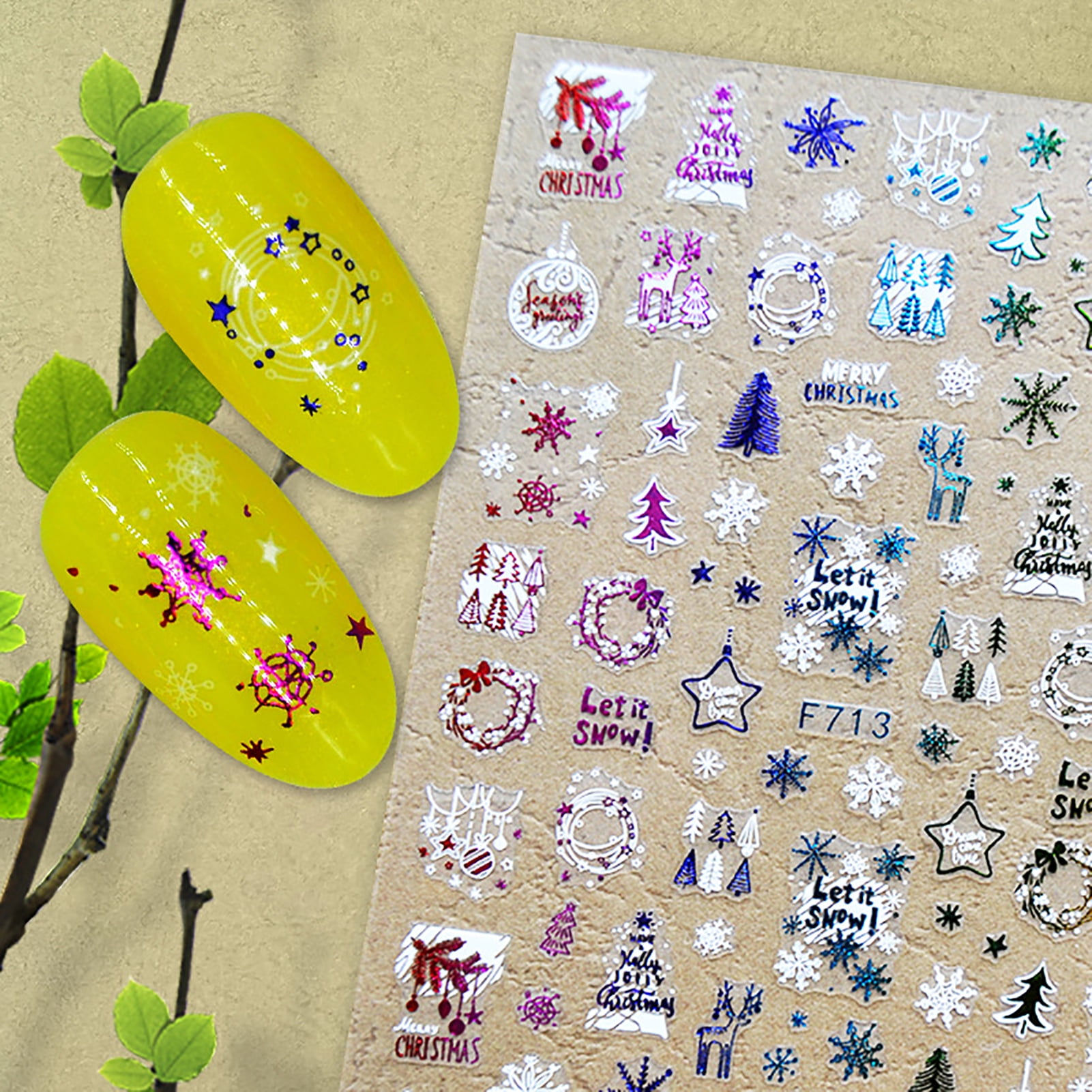 comerut Christmas Nail Sticker Self Adhesive Non-Fading DIY Mini White Radium Golden Colorful Golden Snowflake Nail Decal for Girl