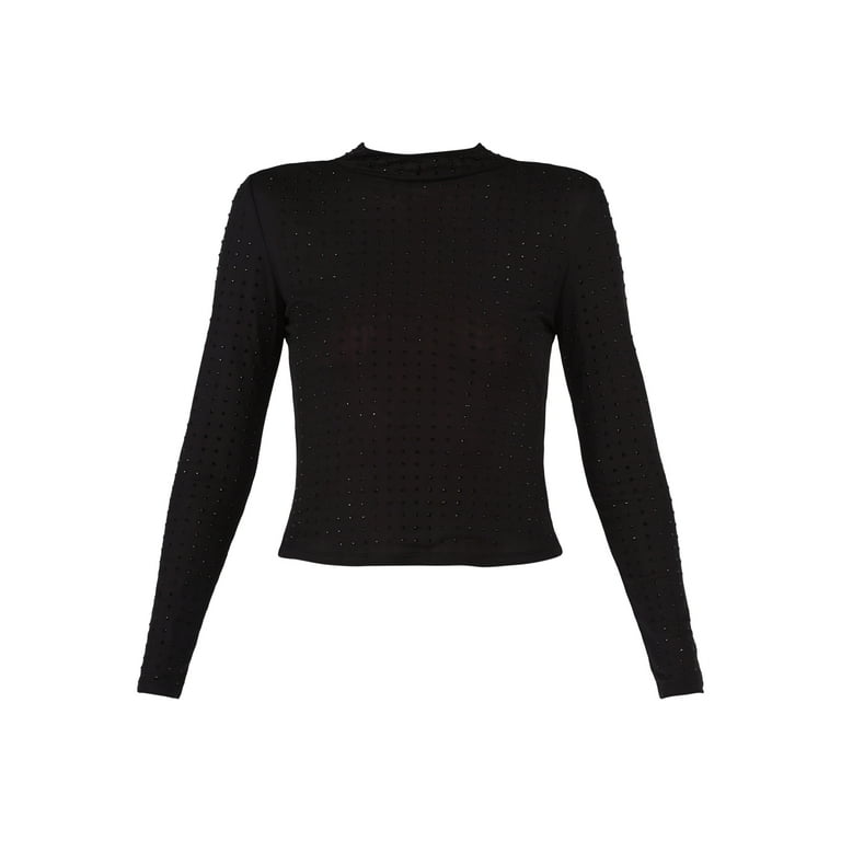 No Boundaries Rhinestone Studded Mesh Top with Long-Sleeves, Women's and Women’s Plus No Boundaries Rhinestone Studded Mesh Top with Long-Sleeves, Women's and Women’s Plus