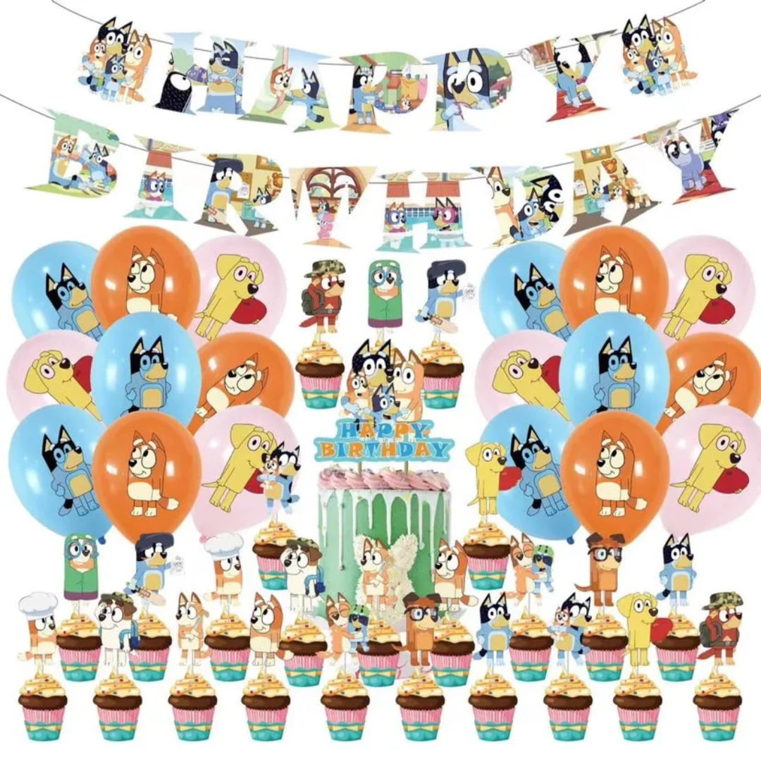 Bluey Party Supply Decoration Balloons, Banner, Cake Topper
