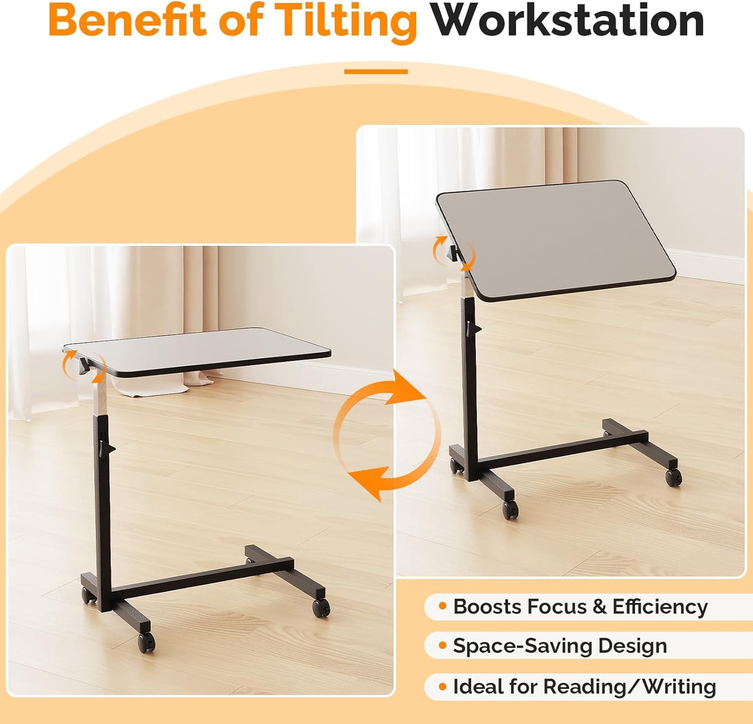 Yunken 23.6 Inch Rolling Adjustable Multifunctional Lifting Computer Desk, Tilting Desktop, Sit Stand Laptop Desk TV Tray for Bed Sofa Hospital Reading Eating, Silver