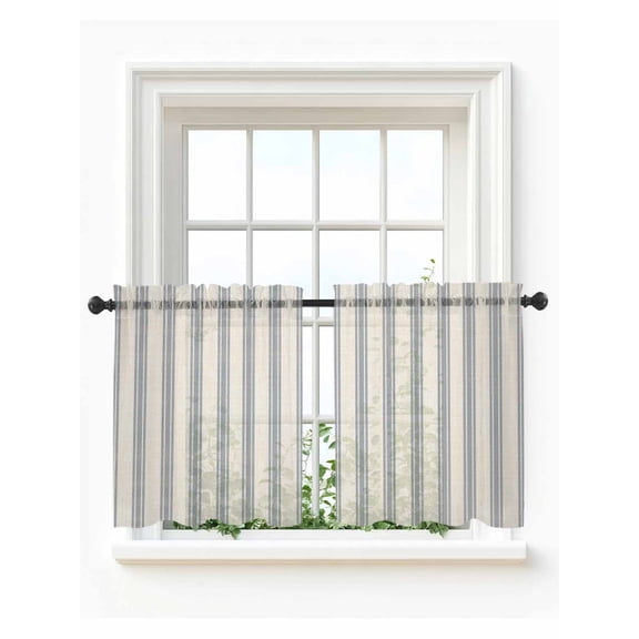 Blue Striped Tier Curtains 36 Inch Length, Sheer Curtains for Bedroom Living Room Window Modern Farmhouse Stripes Rustic Rod Pocket Voile Drapes Kitchen Curtains Small Half Window 27.5"x36" 2 Panels