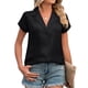 thumbnail image 1 of Blusa con cuello en V para mujer, manga corta, color puro, informal, de moda, camisas con botones para verano, negro, S, 1 of 8