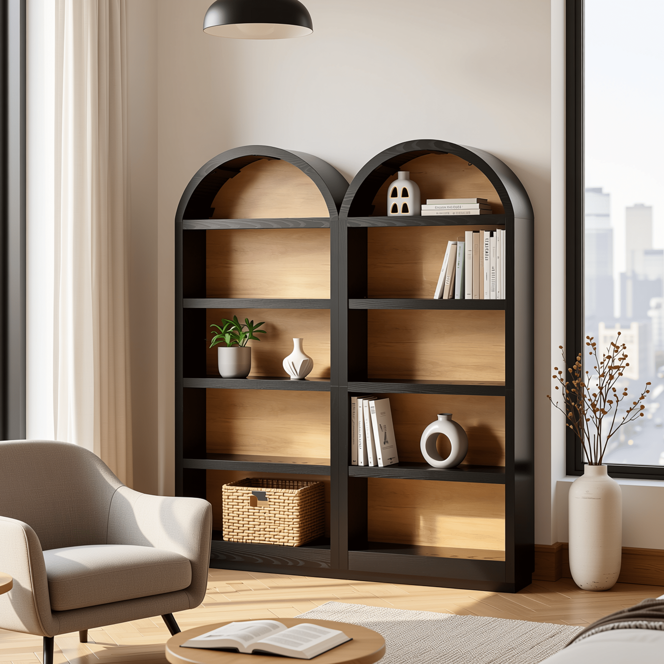 Homy Casa 69" Tall Arched Bookcase Set of 2, 4-Shelf Open Display Bookshelves for Home Office, Black
