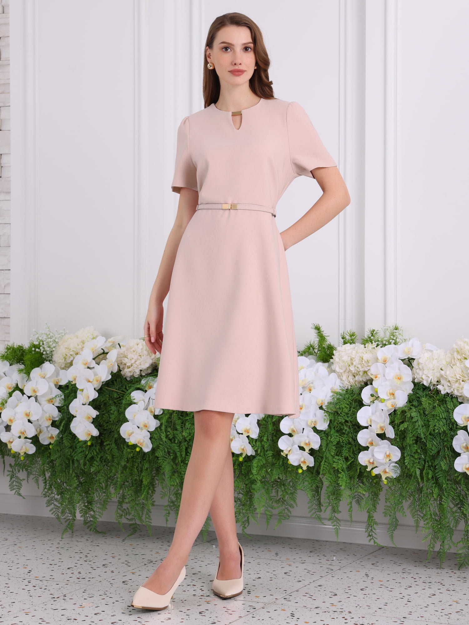 DARING DIVA Women's Choker V Neck Short Sleeve Belted Elegant Dress 2XL Pink