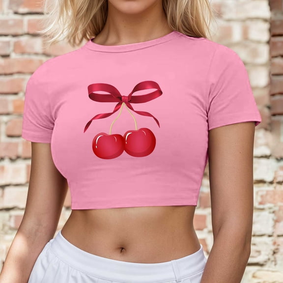 Women's Slim Fit Cherry Bow Graphic Crop Top Y2K Short Sleeve Slim Fit Shirts Casual Summer Tee (Pink S)