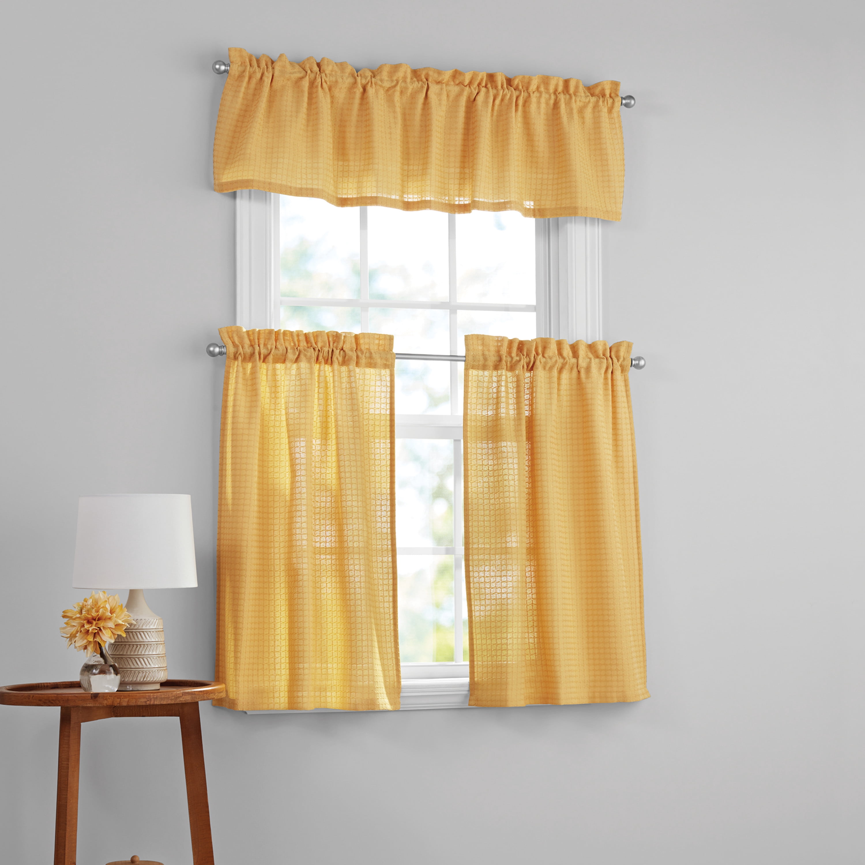 Mainstays Waffle Weave Tiers and Valance Set, 3 Pieces, Golden Curry, 56 in W x 36 in L