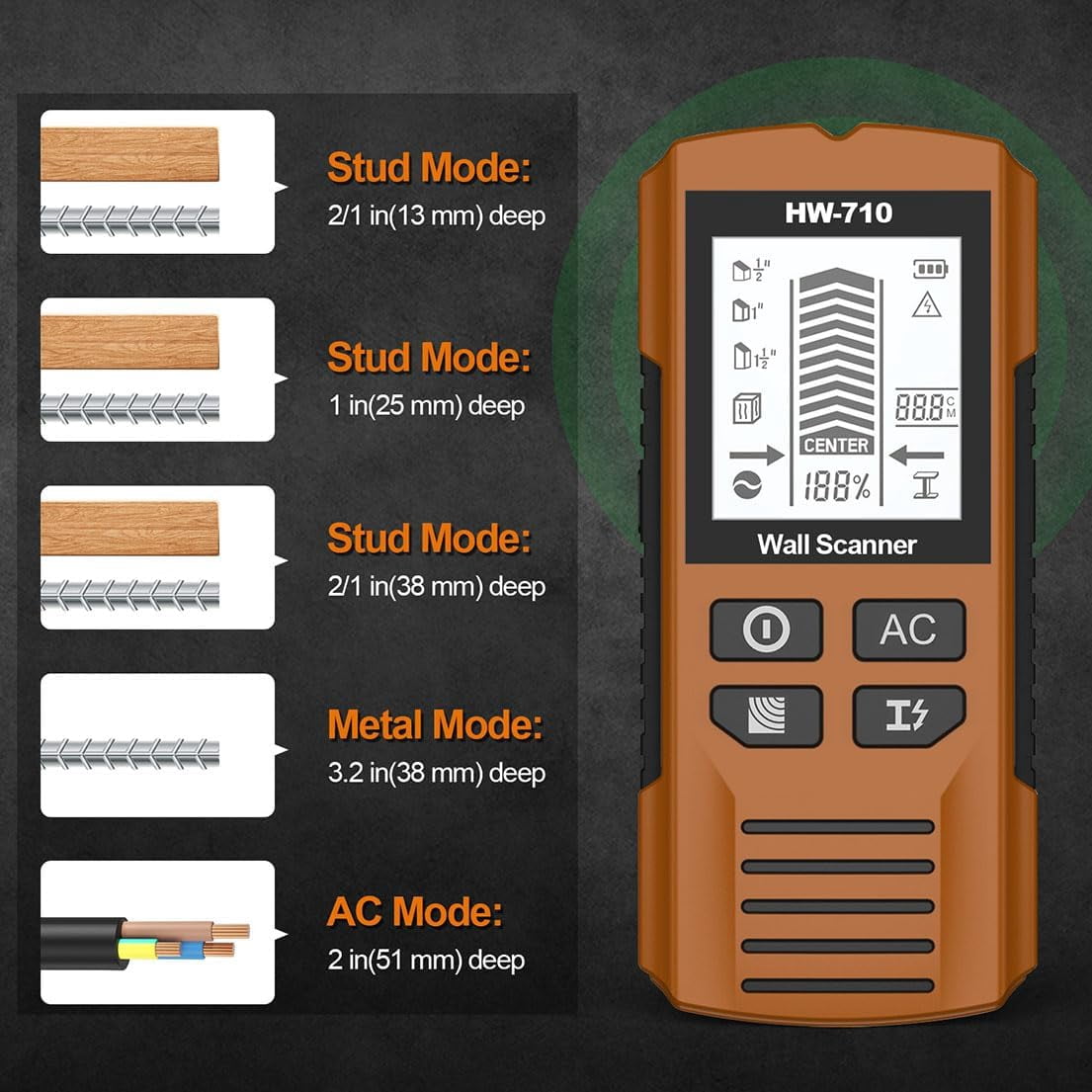 Multifunctional Handheld Metal & Wall Detector, 5 in 1 Stud Finder Scanner, Portable Wire Pipe Power Scanner, HD LCD Display and Audio Alarm, Suitable for Detecting Metal, Cables, Wood (Brown)