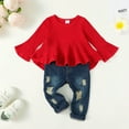 thumbnail image 3 of 6 Months Baby Girls Clothes 12 Months Girls 2PCS Fall Winter Outfits Set Solid Color Infant Girls Long Sleeve Irregular Top Denim Pants Set Red, 3 of 9