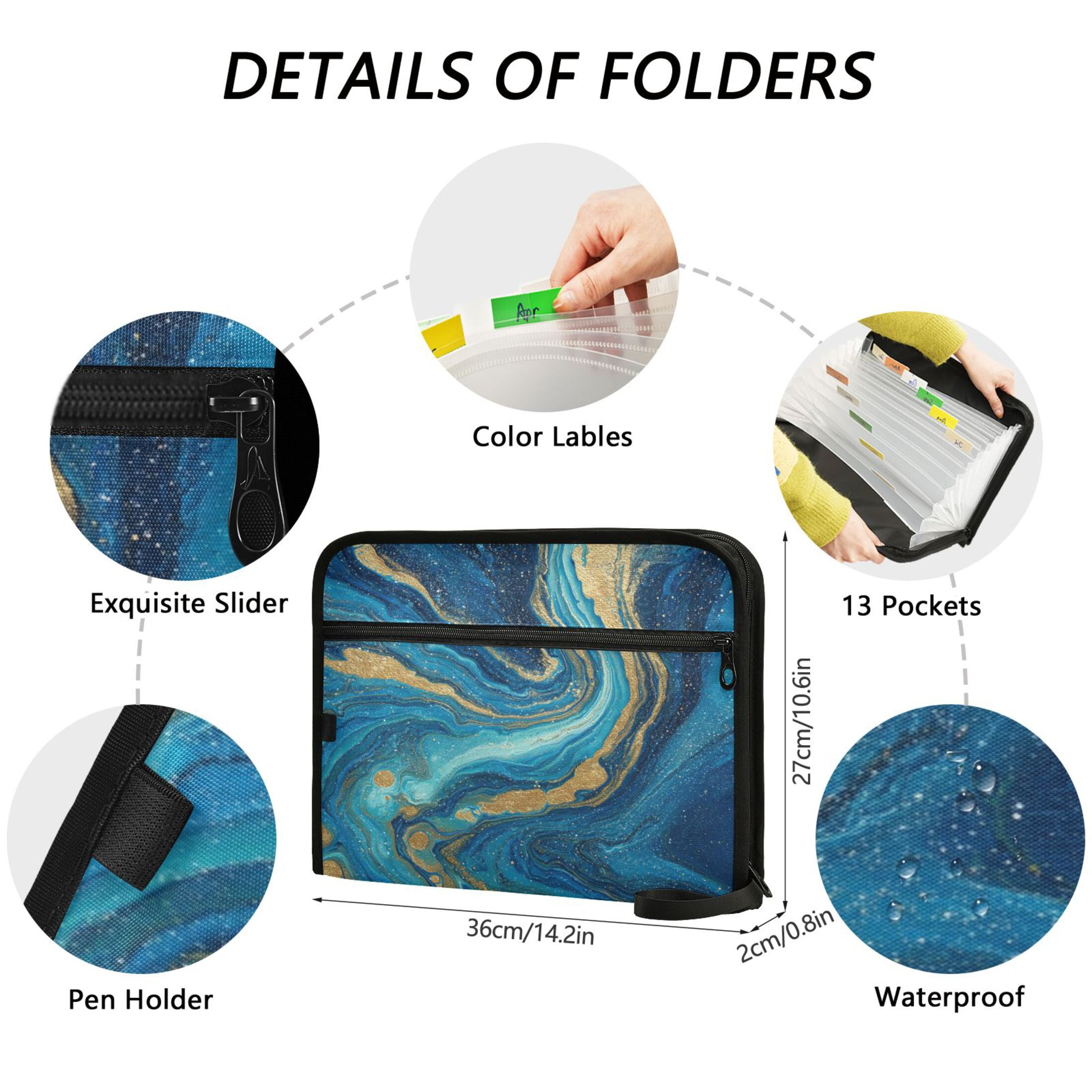 Accordion File Organizer with Zip Closure 13 Pockets Expanding File Folder Letter A4 Paper Document Organizer for Home Office Blue and Gold Ocean