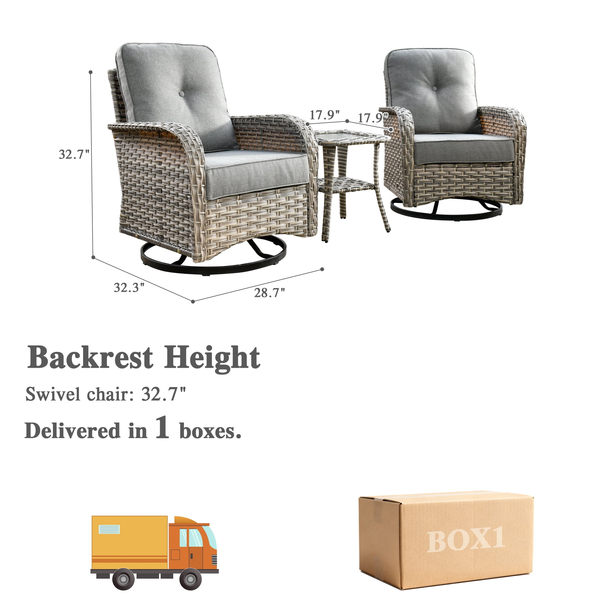 Ovios 3 Pieces Patio Furniture Set 2 Swivel Rocking Chairs Wicker Glider Chairs with Side Table for Backyard or Balcony