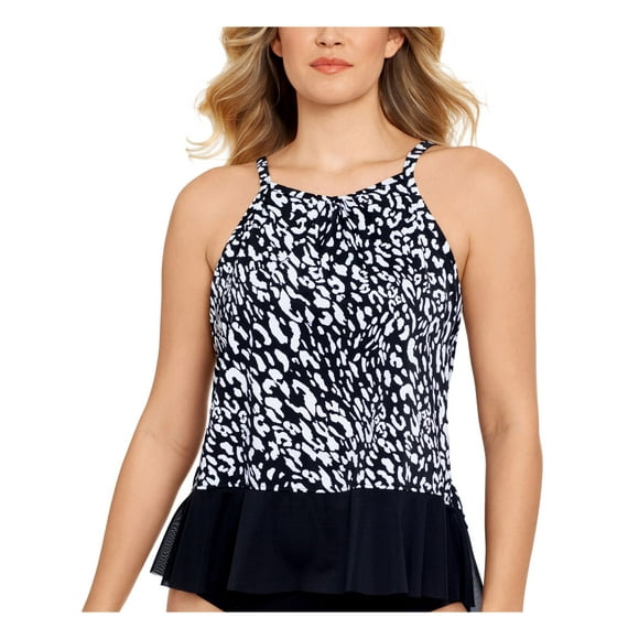 SWIM SOLUTIONS Women's Black Printed Stretch Full Bust Support Peplum Hem Adjustable Ruffled High Neck Swimsuit Top 16