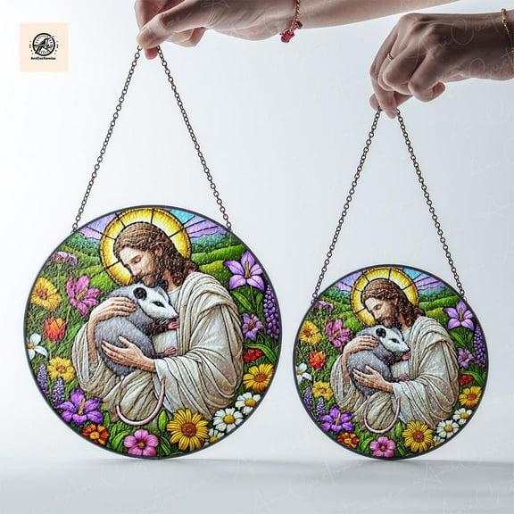 Jesus Hugging Possum GLASS Suncatcher Decor, Funny Christmas,Funny Decor, Christian Gift, Possum Decor, Funny Animal Gift, Xmas Gift