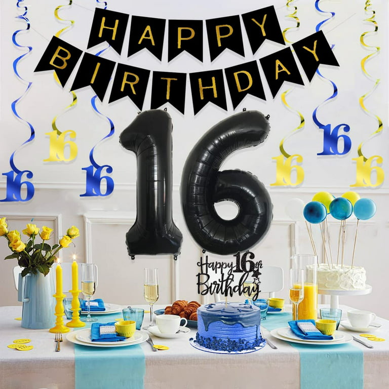 16th Birthday Decorations for Boys, Black and Gold Party Decorations with  Happy 16th Birthday Banner Cake Topper Number 16 Foil Balloon Hanging  Swirls