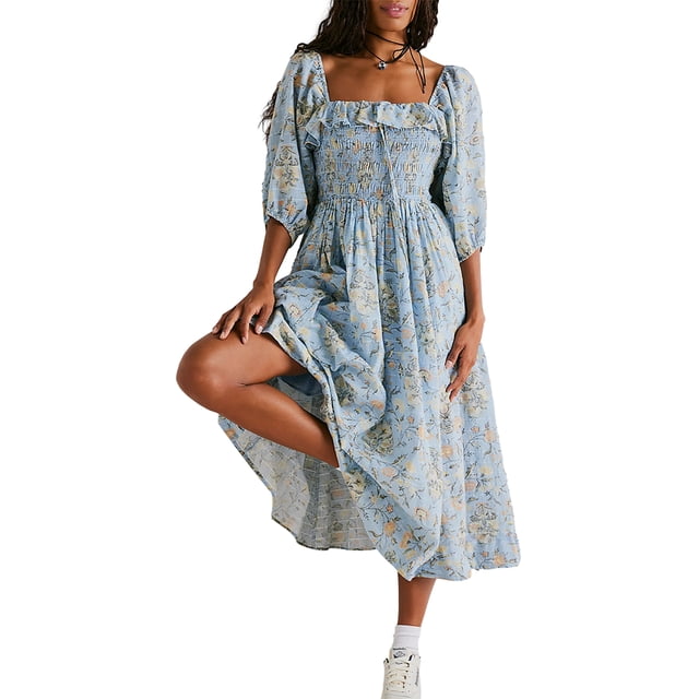 ZAXARRA Robe Florale Femme Ligne A Volants Col Carré Manches 3/4 Robe Longue de Soirée pour Plage Cocktail Boîte de Nuit Mode Urbaine