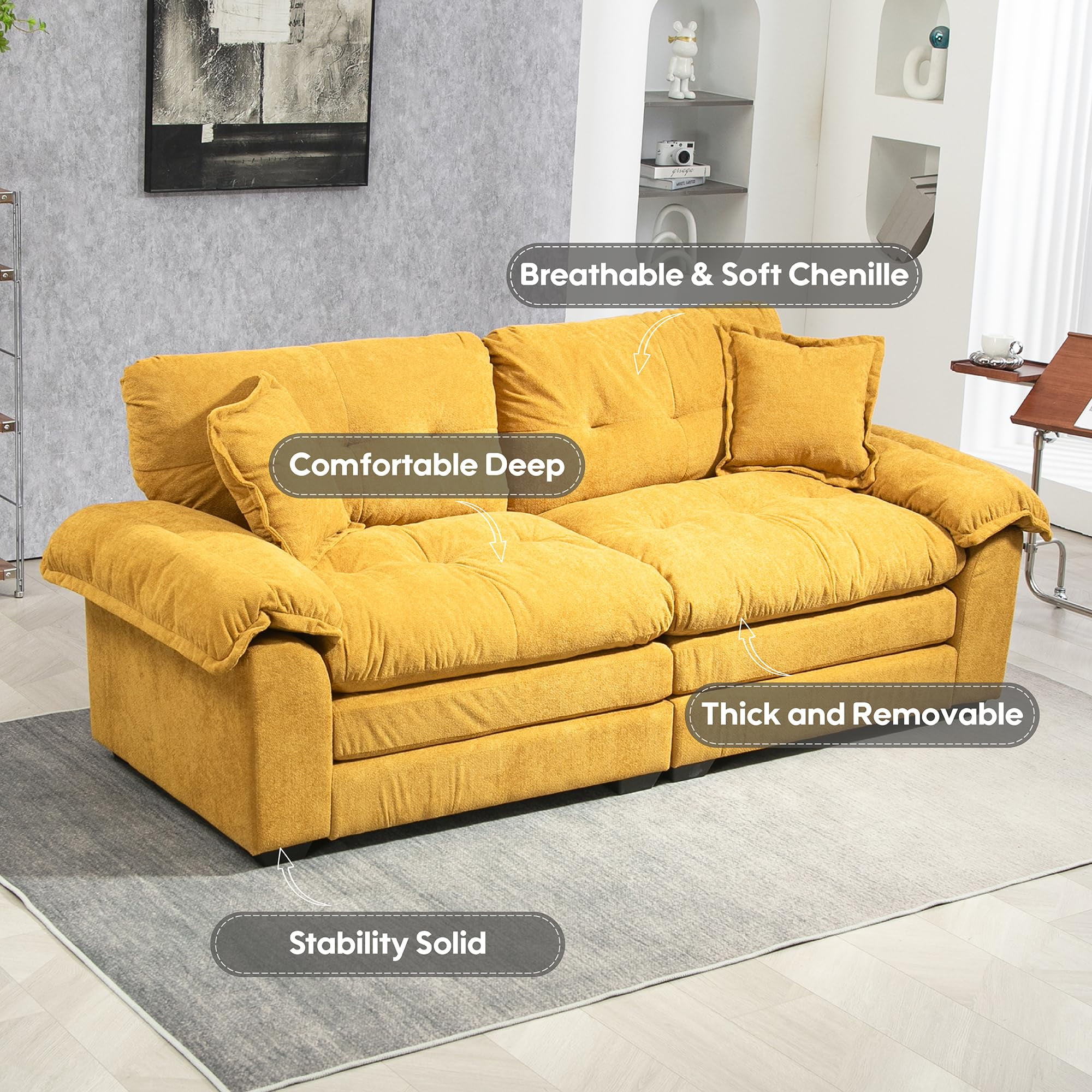 Modern 84" Chenille Loveseat Sofa, Ultra-Comfy Upholstered Couch with 2 Pillows for Apartment, Living Room, Bedroom, or Home Office​​ (Yellow)