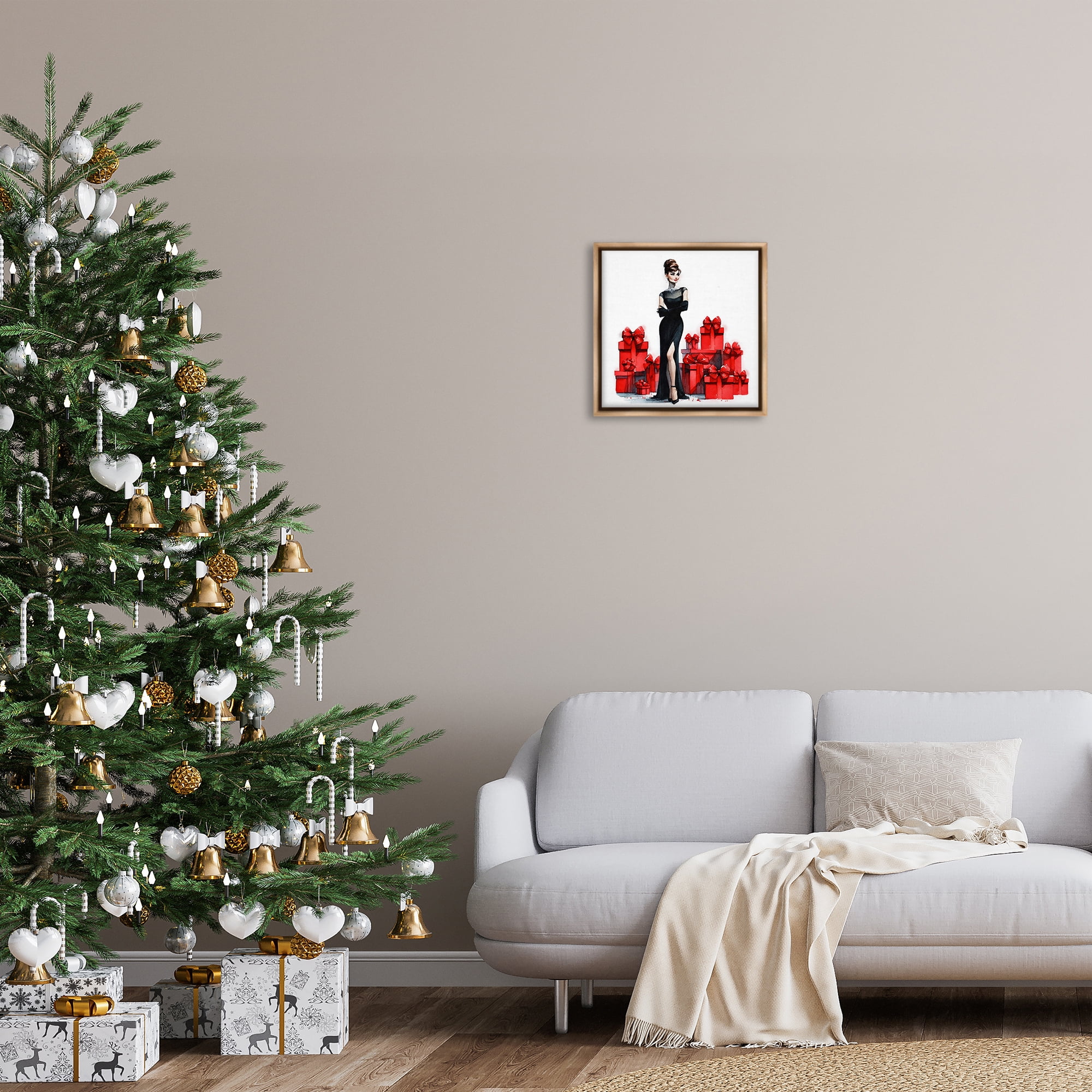 Stupell Industries Elegant Woman & Gifts Holiday Painting Brown Floater Framed Canvas Art Prints Wall Art, 18 x 18