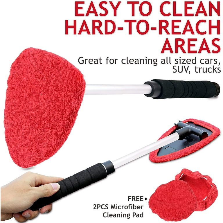 Takavu Windshield Window Cleaner Tool Unbreakable Extendable Long-Reach Handle Unique Pivoting Triangular Head 3 Washable Reusable Microfiber Bonnets