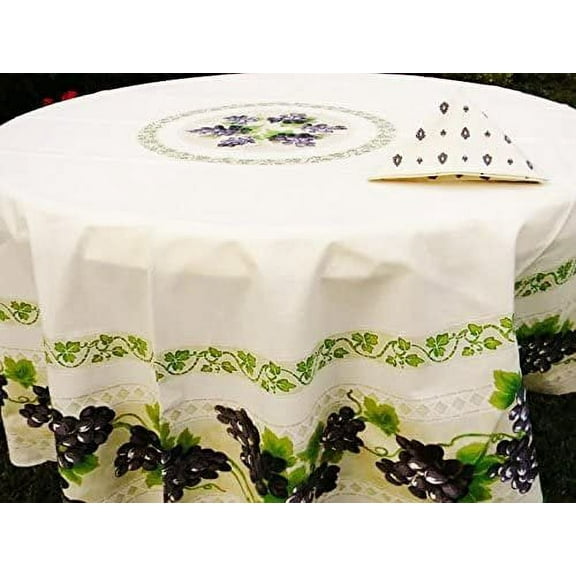 Le Cluny French Provence Tablecloth, 70" Round, Coated Cotton Easy Care, Grapes Cream