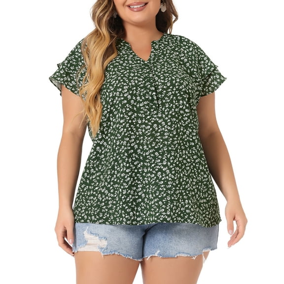DARING DIVA Women's Plus Floral Print Ruffle Trim V Neck Blouse 3X Dark Green
